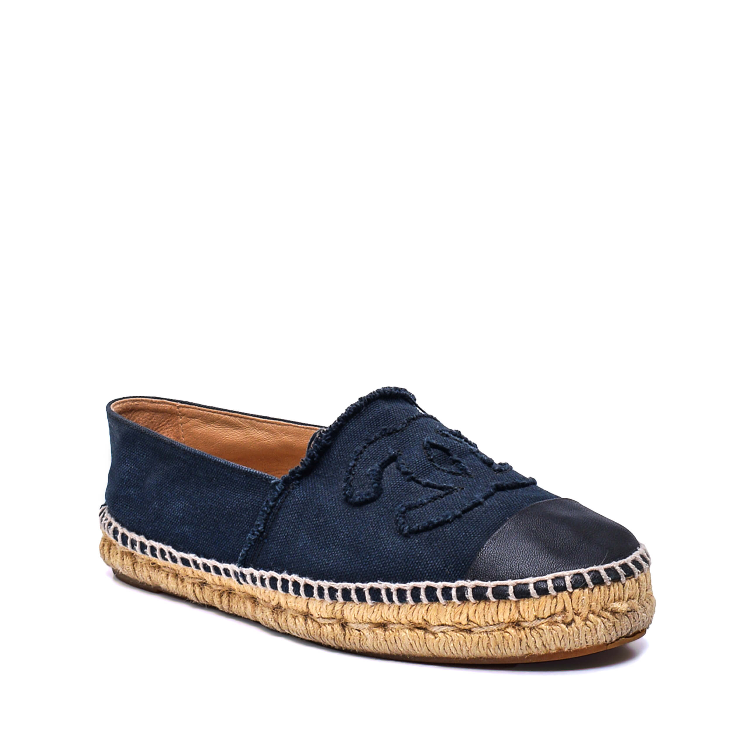 Chanel- Black Leather and Navy Canvas  CC Espadrilles / 38